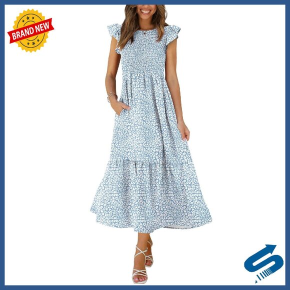 Women's Casual Maxi Dress with Pockets Ruffle Sleeve Smocked XS-2XL -  coffeafoods.com
